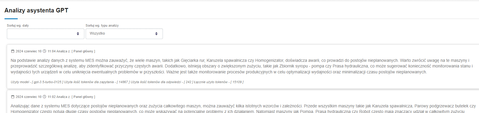 lista analiz gpt wraz ze szczegółami zużycia tokenów
