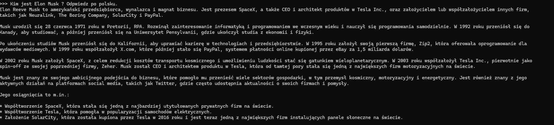 Odpowiedź na pytanie kim jest Elon Musk przez model językowy Ollama