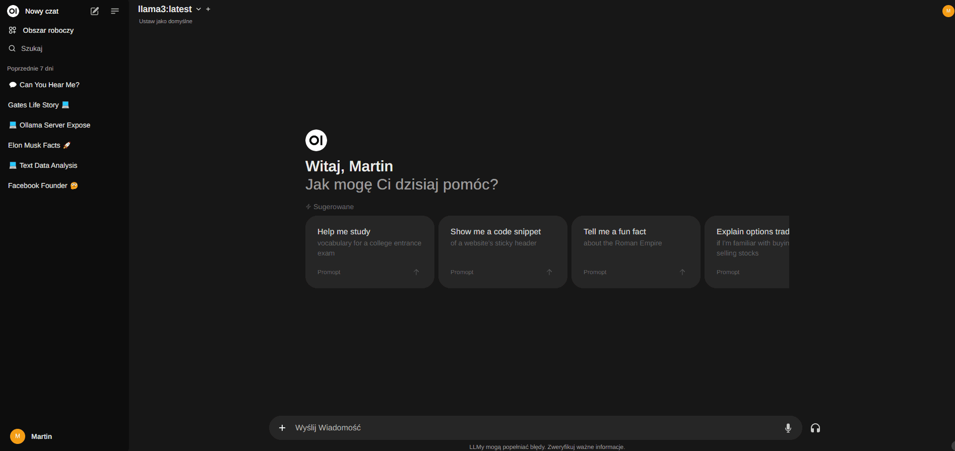 Zdjęcie przedstawia interface graficzny Ollamy. Interfejs znany z OpenAI.