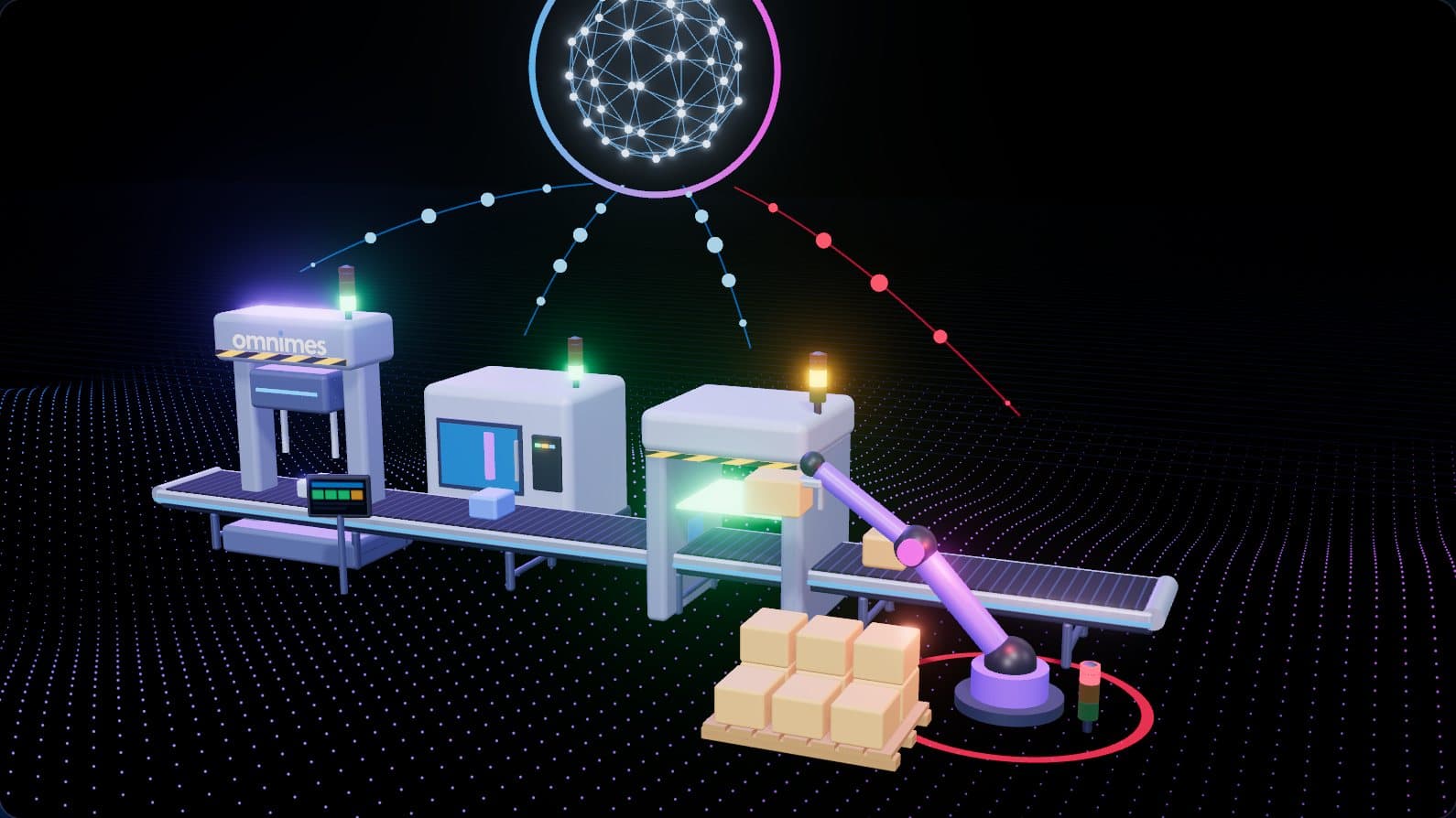 Animation of a production line: one machine stops, its light turns red and OmniMES shows downtime, OEE and kWh per unit.