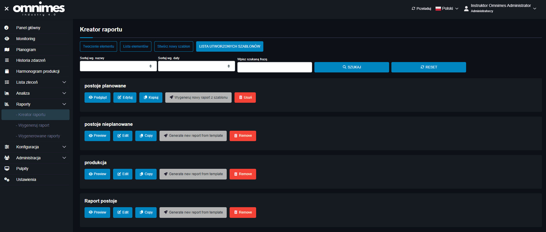 Zdjęcie przedstawia listę szablonów do generowania raportów w motywie ciemnym