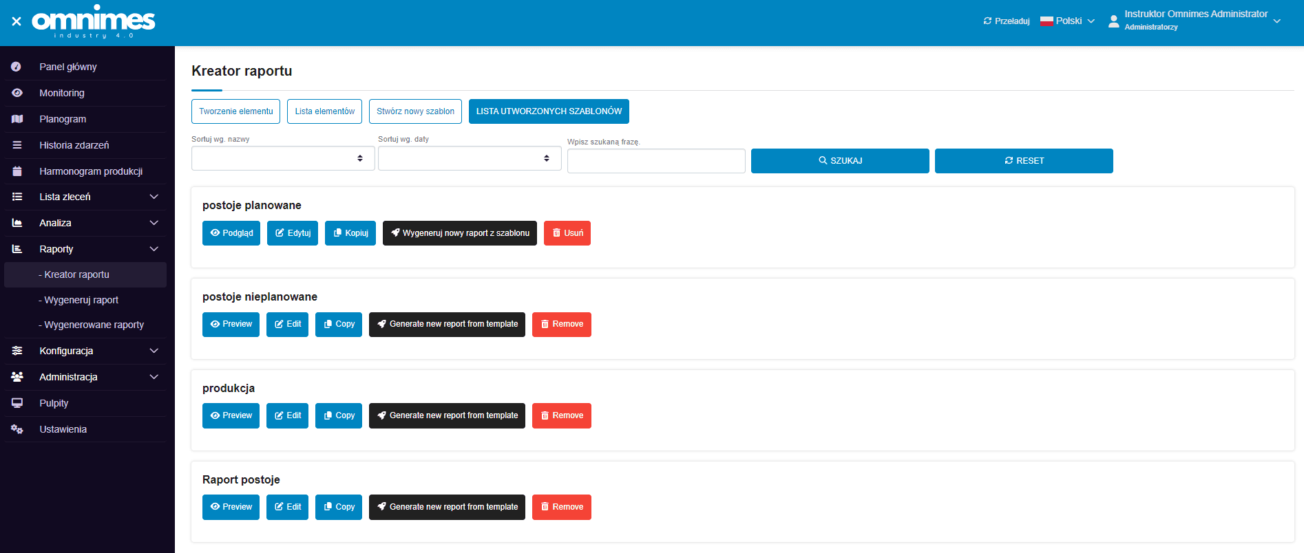 Zdjęcie przedstawia listę szablonów do generowania raportów w motywie jasnym
