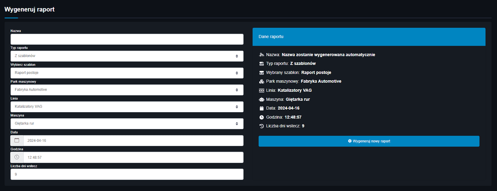 Zdjęcie przedstawia moduł generowania raportów w motywie ciemnym