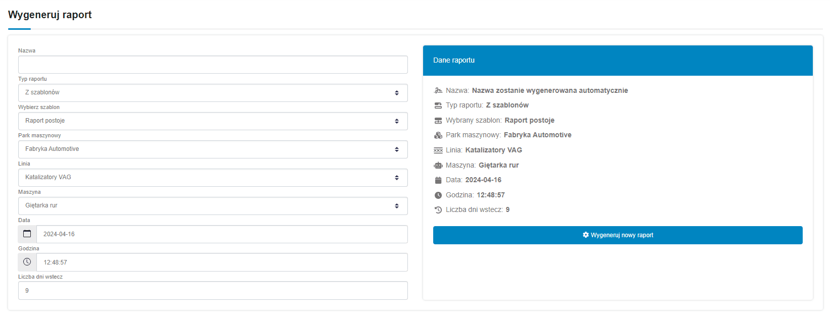 Zdjęcie przedstawia moduł generowania raportów w motywie jasnym